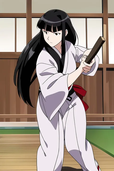 <lora:love-hina-motoko-aoyama:0.9> motoko aoyama wearing a white kimono with a black belt, (kendo:1.1) training, holding a wooden stick with both hands, full body shot, in a school classroom