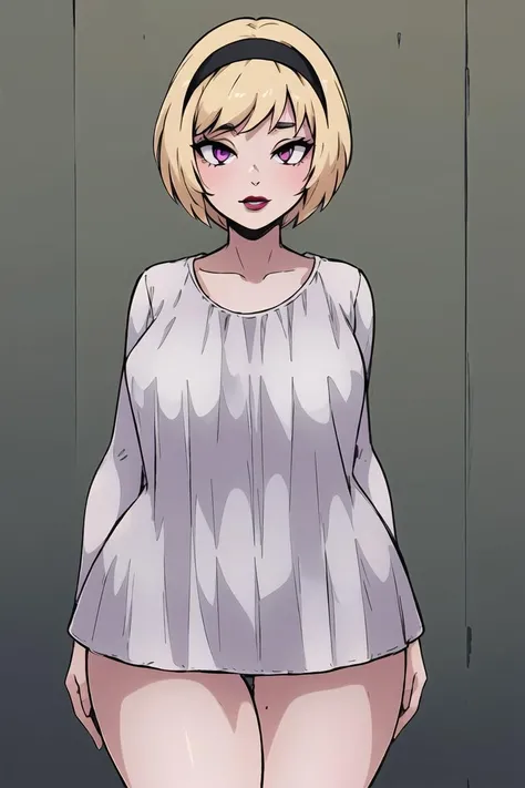 best quality, afterglow, 4k, ((masterpiece)), extremely detailed, 8k, trending on ArtStation, Intricate, High Detail, Sharp focus, <lora:Exposure_control:-1.4>, rose lalonde, 1girl, (blonde hair), (black hairband), purple eyes, MindwipeRoLal <lora:MindWipeRoLal:0.5>, (beautiful face), (black lips+lipstick+parted lips), standing,(clothed), ((thick thighs:1.3)), ((wide hips:1.4)), (curvy:1.2), large breasts, (swimsuit)
