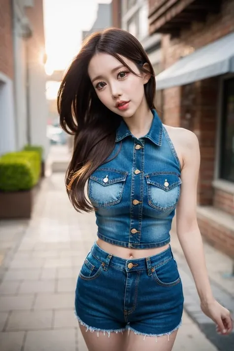 ((Realistic lighting, best qualtiy, 8k, tmasterpiece:1.3)), sharp fokus:1.2, 1girl, Beautiful woman with perfect body showing cleavage:1.4, Slim abs:1.1, ((dark brown  hair)), (Black suspender mount:1.4，short denim skirt，black lence stockings）,（exteriors，during night：1.1），the city street，Ultra-fine face，Fine eyes，二重まぶた。