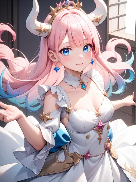 Score_9, score_8_up, score_7_up, masterpiece, best quality, 1girl, <lora:yuta-chernobaeva-pxl:0.7>, yuta-chernobaeva-pxl, Pink hair, blue eyes, Gradient hair, White horns