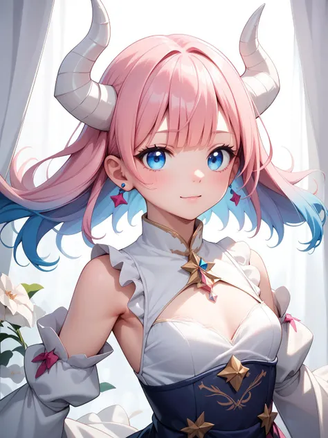 Score_9, score_8_up, score_7_up, masterpiece, best quality, 1girl, <lora:yuta-chernobaeva-pxl:0.7>, yuta-chernobaeva-pxl, Pink hair, blue eyes, Gradient hair, White horns