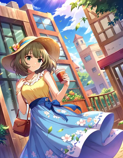 score_9, score_8_up, score_7_up, source_anime,
 <lora:TakagakiKaede_pony_v1:0.8>
pinup of 1girl, solo, dutch angle, smile, looking at viewer, holding, cup,disposable cup,
outdoors,blue sky,  day, sunlight, cloud, plant, wind,  tree, leaf,  falling leaves,  building, window, lamppost, 
idolked, short hair, brown hair, bangs,green eyes,mole under eye, medium breasts,
 blouse, frills,  yellow shirt, sleeveless shirt, collarbone,  blue skirt, long skirt, print skirt, floral print,  sun hat, straw hat,bow, handbag, 
jewelry, necklace, bracelet,