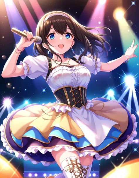 score_9, score_8_up, score_7_up, source_anime,
1girl, cute female, solo, idol concert, singing, outstretched arms, microphone, stage, rainbow color theme, colorful, stage lights, multicolored lighting, light particles, 
 <lora:SagisawaFumika_pony_v1:0.8>
sgswfmk, long hair, brown hair, black hair, bangs, hair between eyes, blue eyes, large breasts, 
white hairband, hair hair ornament, dress, corset, bubble skirt, thighhighs, boots,
lipstic, detailed eyes, eyelashes, eyeliner, jewelry, necklace, bracelet, earrings,