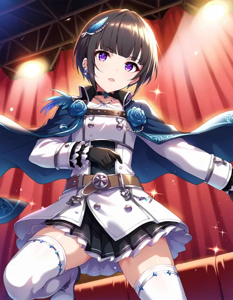 score_9, score_8_up, score_7_up, source_anime,
pinup of 1girl, solo, idol concert,   serious, open mouth, looking at viewer, theater, red curtain, stage lights, feathers, light particles, sparkle, 
from below,
 <lora:ShirayukiChiyo_pony_v1:0.9> 
srykcy, short hair, black hair, blunt bangs, purple eyes, flat chest, small breasts, 
idol costume, coat, white capelet, brown belt, belt buckle, buttons, black choker, pleated skirt, white skirt, black skirt, lace trim,  zettai ryouiki, thighhighs, black gloves, white footwear, knee boots, thighhighs under boots, 
hair hair ornament, blue rose, 
detailed eyes, eye reflection,  ear piercing,