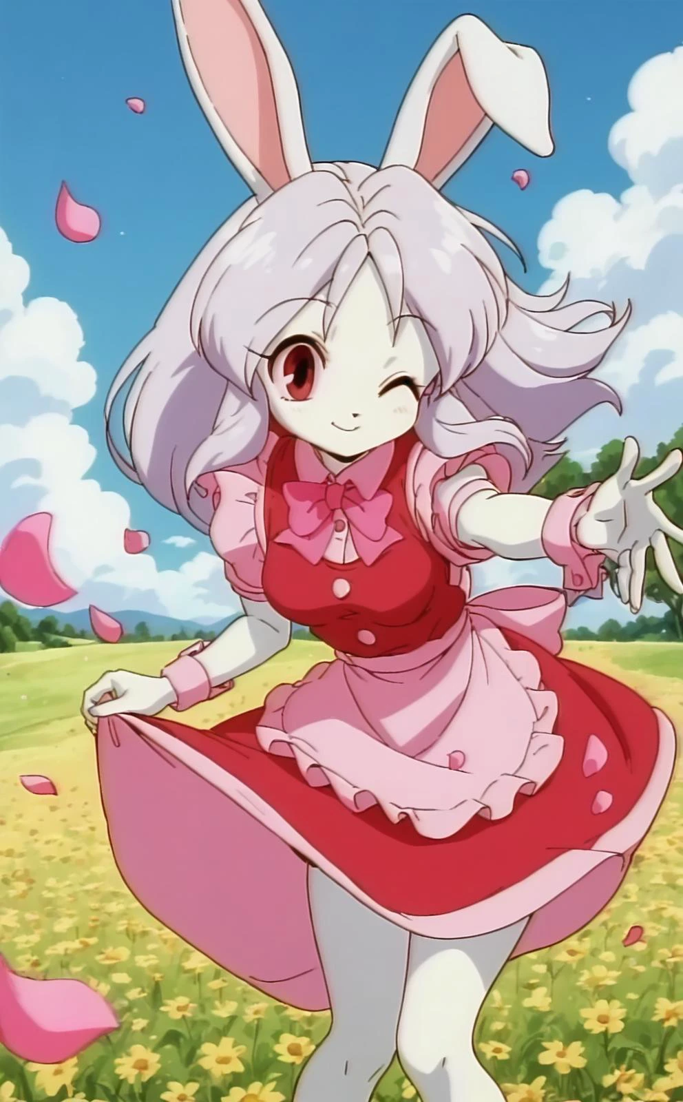 1girl, solo, score_9, score_8_up, score_7_up, rating_questionable,
<lora:cream.pony:1>,
cream_pony, rabbit girl,
medium breasts,
medium hair,
maid costume,
looking at viewer, happy, closed mouth, windy, petals, flower field, holding skirt down, wind blowing, breeze, one eye closed,