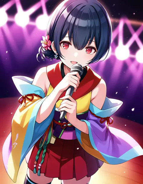 score_9, score_8_up, score_7_up, source_anime,
pinup of 1girl, solo, cute petite, idol concert, singing, holding microphone, looking at viewer, leaning back, smile, (expressionless:0.9), open mouth,  live theater, stage, japanese theme, colorful stage,  large drawing \(object\), spotlight, light particles, from above, 
<lora:MorinoRinze_pony_v1:0.9>
mrnrnz, short hair, black hair, blue hair, single hair bun, bangs, hair between eyes, hair ornament, hair flower, red eyes, flat chest, small breasts,
multicolored clothes, dress, furisode, detailed embroidery, detached sleeves, obi, red skirt, thighhighs, zettai ryouiki,
earring,
detailed eye, eye reflection,