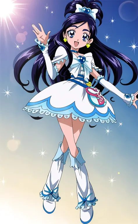 1girl, solo, score_9, score_8_up, score_7_up, rating_questionable,
<lora:white.pony:1>,
cure white,
medium breasts, shiny oiled skin,
looking at viewer, happy, 
anime coloring, arm warmers, bow, brooch, choker, dress, earrings, eyelashes, frills, gloves, gradient, gradient background, hair ornament, hair ribbon, heart earrings, jewelry, magical ????, open mouth, ribbon, sparkle, star \(sky\), wrist cuffs, full body, lens flare, sparkle, standing, sun,