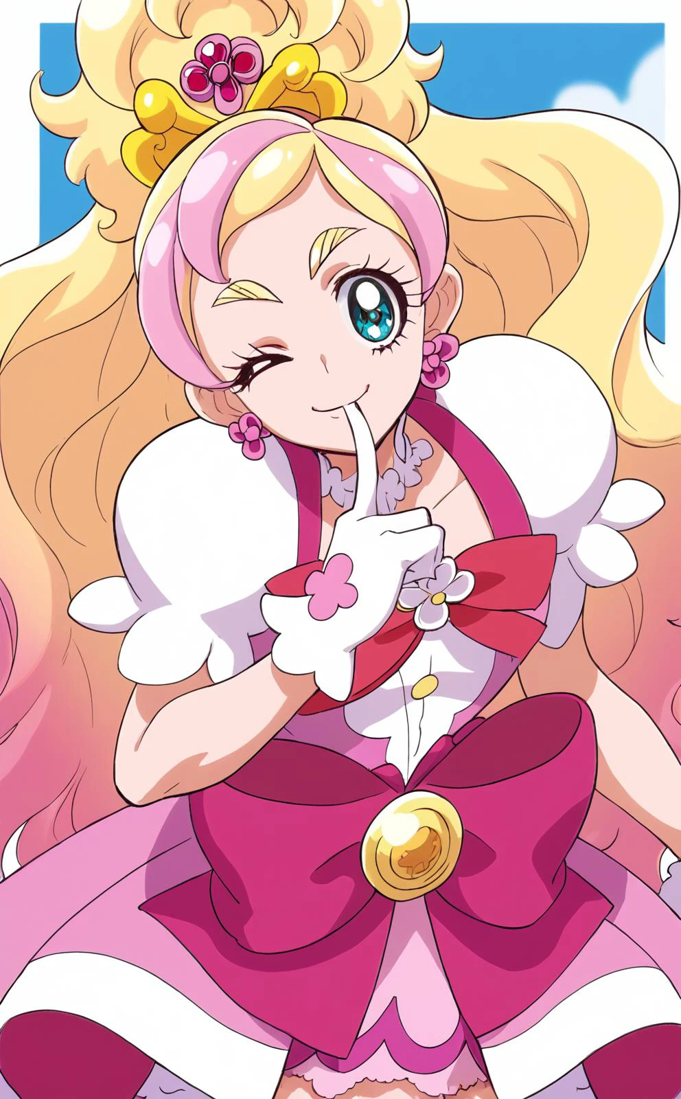 score_9, score_8_up, score_7_up, rating_questionable,
<lora:flora.pony:1>,
cure_flora,
large breasts,
finger to mouth , one eye closed,