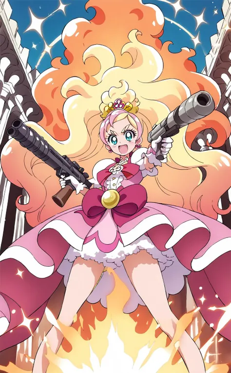 score_9, score_8_up, score_7_up, rating_questionable,
<lora:flora.pony:1>,
cure flora,
large breasts,
holding huge weapons, heavy machine gun,
explosion, fire, ruined building, fire sparkles, glitters,
menacing laugh, :D, standing, looking down viewer, aiming viewer,