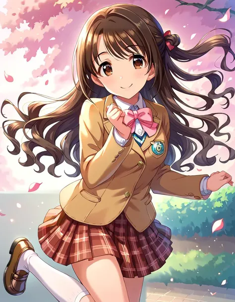 score_9, score_8_up, score_7_up, source_anime,
1girl, solo, smile, joyful, 
 <lora:ShimamuraUzuki_pony_v1:0.9> 
smmruzk, long hair, brown hair, wavy hair,  half updo, hair bow, brown eyes, medium breasts, 
school uniform, blazer, brown jacket, pink neck ribbon, pleated skirt, red plaid skirt, kneehighs, white socks, loafers,
detailed eyes, eye reflection,