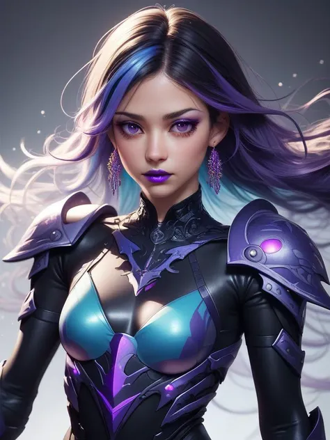 best quality, close-up, 8k, 30-year-old woman, long flowing purple hair, mesmerizing blue eyes, luscious red lips, wearing silky black dress, alluring woman, sexy woman with hourglass figure, looking at viewer, wanting a kiss, cosmic background with bioluminescent light, facing viewer, highly detailed face, extremely beautiful, floating particles, ancient runes, geometric patterns, V0id3nergy, mana, shadows, epic atmosphere