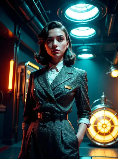 RAW photo, 1girl, posing, 50s fashion, hall background, retro interior, yellow searchlights, portholes, red neon
 <lora:BioShockPunk_v2:0.55> BioShockPunk, 8k uhd, dslr, soft lighting, high quality, film grain, Fujifilm XT3, (intricate details:0.9), (hdr, hyperdetailed:1.2)