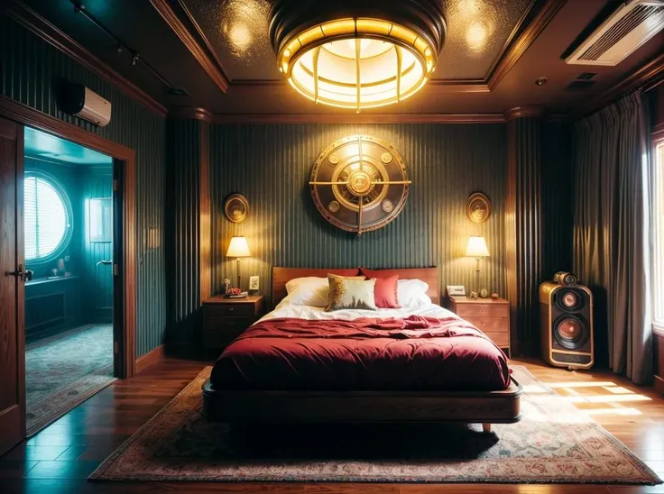 RAW photo, bedroom retro interior, yellow searchlights, portholes, red neon, undewater city,
<lora:BioShockPunk_v2:0.65> BioShockPunk, 8k uhd, dslr, soft lighting, high quality, film grain, Fujifilm XT3, (intricate details:0.9), (hdr, hyperdetailed:1.2)