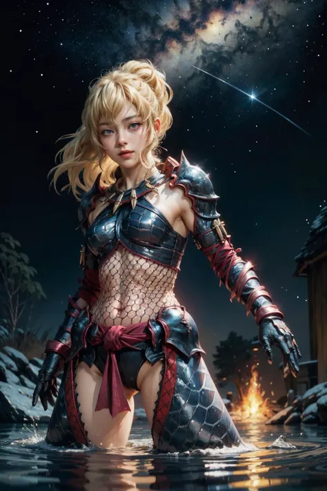 <lora:LillySatou:0.8> <lora:add_detail:0.6>Lilly Satou, standing in shallow water, ripples, masterpiece, ultra detailed, highres, high quality, wearing narga armor, blonde, ponytail, blind, starry sky, celestial sky, shimmering, reflecting light, dazzling colors, chromatic aberration,( beautiful face:1.1), smirking, battle stance, <lora:nargacuga_armor_v1.1:0.8>