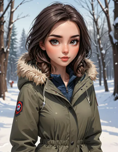 anya in the snow, wearing parka, cartoon style