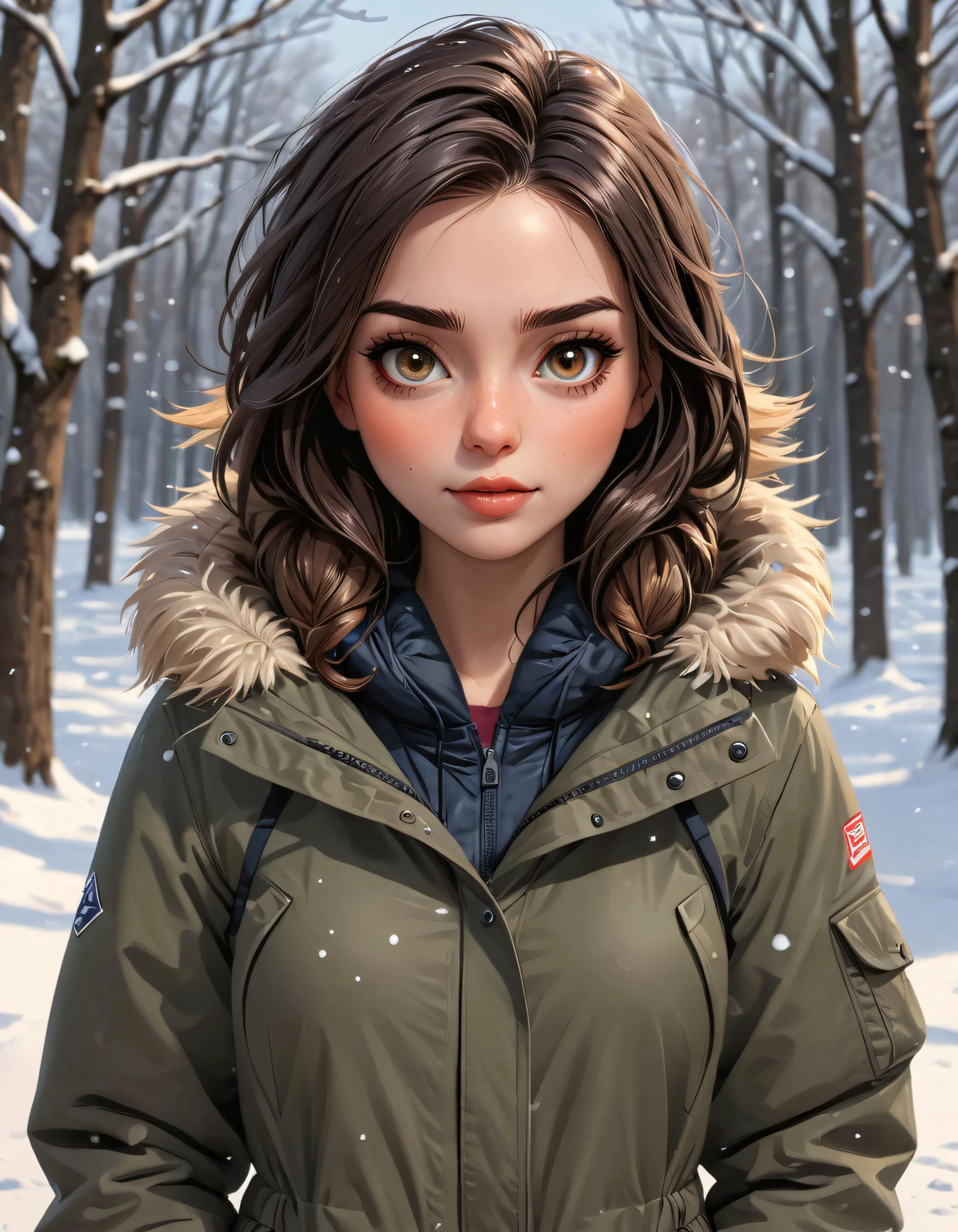 anya in the snow, wearing parka, cartoon style