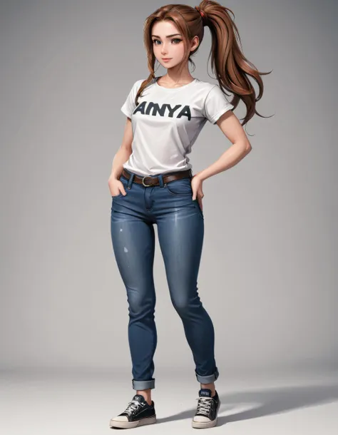 digital art, adult Anya, ponytail, tshirt tucked in jeans, full body, cartoon style