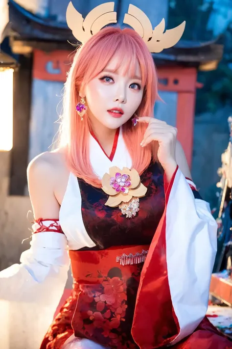 1girl, , kpop idol, yae miko, detached sleeves, bare shoulders, pink hair, long hair, cleavage,japanese clothes,breast,best quality, (painting:1.5), (hair ornament:1.35), jewelry, purple eyes, earrings, breasts, torii, cherry blossoms, lantern light, depth of field, detailed face, face focus, ribbon_trim, (looking at viewer:1.25), nontraditional miko, shiny skin, long sleeves, smile, thick lips, game cg, east asian architecture, (blurry background:1.2), sitting, upper body, <lyco:hongjinyoung_8e6:1>, <lora:YaeMiko_Test:0.8>