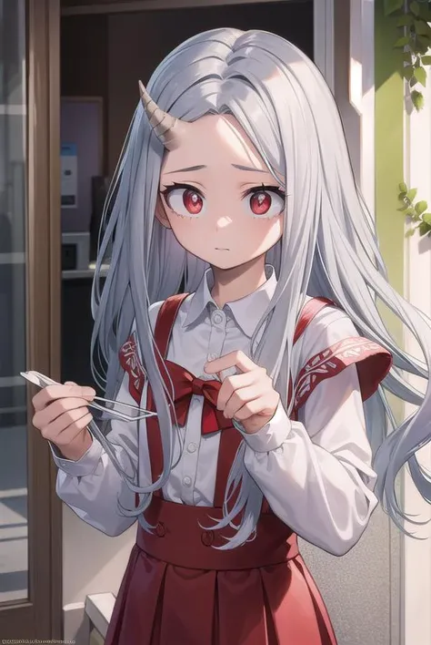 academiaeri, <lyco:eri-lyco-nochekaiser:1>,
eri, long hair, (red eyes:1.5), grey hair, horns, child, single horn, female child,
BREAK shirt, long sleeves, dress, white shirt, collared shirt, red dress, pleated dress,
BREAK looking at viewer,
BREAK indoors,
BREAK <lyco:GoodHands-beta2:1>, (masterpiece:1.2), best quality, high resolution, unity 8k wallpaper, (illustration:0.8), (beautiful detailed eyes:1.6), extremely detailed face, perfect lighting, extremely detailed CG, (perfect hands, perfect anatomy),