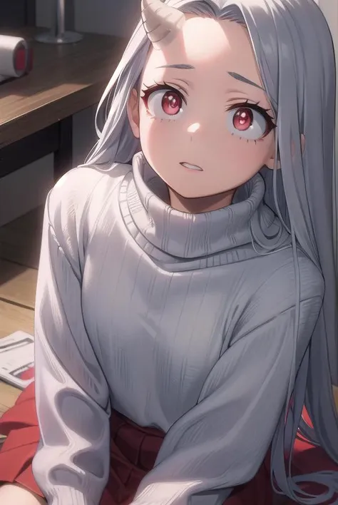 academiaeri, <lyco:eri-lyco-nochekaiser:1>, 
eri, long hair, (red eyes:1.5), grey hair, horns, child, single horn, female child,
BREAK skirt, long sleeves, socks, sweater, red skirt, turtleneck, slippers,
BREAK looking at viewer,
BREAK indoors,
BREAK <lyco:GoodHands-beta2:1>, (masterpiece:1.2), best quality, high resolution, unity 8k wallpaper, (illustration:0.8), (beautiful detailed eyes:1.6), extremely detailed face, perfect lighting, extremely detailed CG, (perfect hands, perfect anatomy),