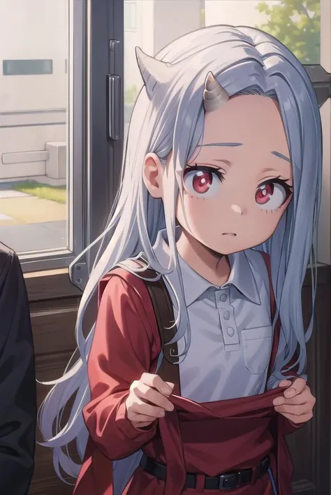 academiaeri, <lyco:eri-lyco-nochekaiser:1>,
eri, long hair, (red eyes:1.5), grey hair, horns, child, single horn, female child,
BREAK shirt, long sleeves, dress, white shirt, collared shirt, red dress, pleated dress,
BREAK looking at viewer,
BREAK indoors,
BREAK <lyco:GoodHands-beta2:1>, (masterpiece:1.2), best quality, high resolution, unity 8k wallpaper, (illustration:0.8), (beautiful detailed eyes:1.6), extremely detailed face, perfect lighting, extremely detailed CG, (perfect hands, perfect anatomy),