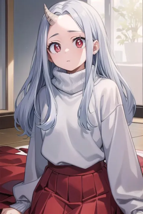 academiaeri, <lyco:eri-lyco-nochekaiser:1>,
eri, long hair, (red eyes:1.5), grey hair, horns, child, single horn, female child,
BREAK skirt, long sleeves, socks, sweater, red skirt, turtleneck, slippers,
BREAK looking at viewer,
BREAK indoors,
BREAK <lyco:GoodHands-beta2:1>, (masterpiece:1.2), best quality, high resolution, unity 8k wallpaper, (illustration:0.8), (beautiful detailed eyes:1.6), extremely detailed face, perfect lighting, extremely detailed CG, (perfect hands, perfect anatomy),