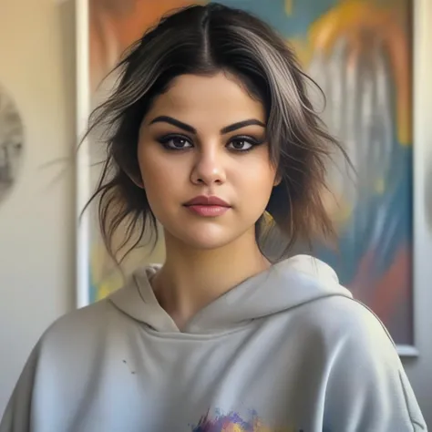 SelenaGomez, art by Guido van Helten, painting, Nerdy Venezuelan Woman, ð¤ , wearing Remarkable Salvadoran Sweatpants, Slovak hair, shallow depth of field, Villaincore, Circular polarizer, four colors, <lora:SelenaGomezSDXL:1>