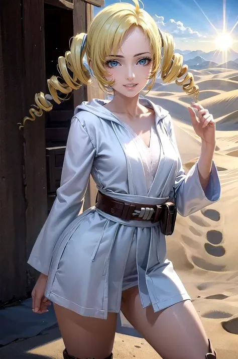 (masterpiece, best quality, detailed), 1girl, solo, looking at viewer, <lora:CCatherine:0.75>, CCatherine, twintails, drill hair, <lora:JediOutfit:0.9>, JediOutfit, robe, belt, boots, desert, sand, dust, sun, contrapposto, smile, parted lips