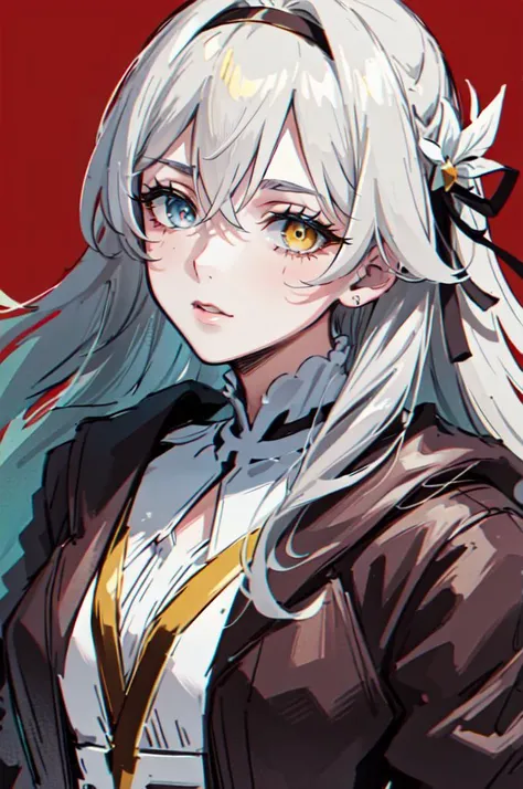 solo, <lora:JediOutfit:1.1> JediOutfit, robe, belt, boots,  <lora:firefly-v2-kozue:0.5> 1girl, blue eyes, grey hair, long hair, hair ornament, black hairband, (portrait:1.5), red background, heterochromia, yellow eye,, absurdres, ultra detailed, masterpiece, best quality, aesthetic, detailed,