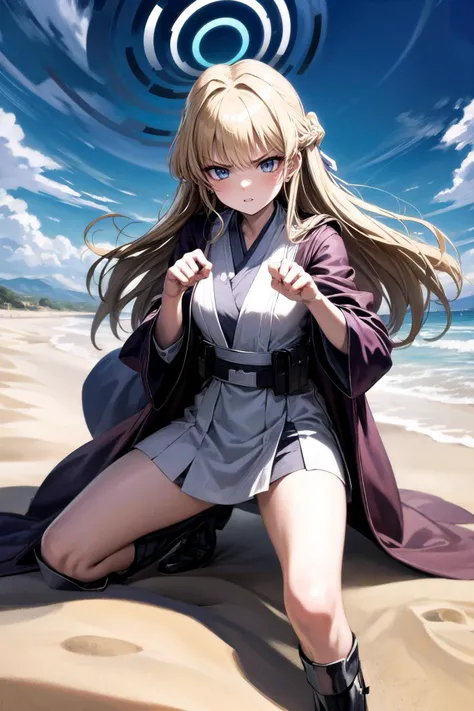 (masterpiece, best quality, detailed), 1girl, solo, looking at viewer, <lora:toki_asuma_v1:0.85>, toki asuma, halo, long hair, <lora:CONCEPT-JediOutfit:0.9>, JediOutfit, robe, belt, boots, desert, sand, dust, sun, fighting stance, clenched hands, legs apart, parted lips, angry, v-shaped eyebrows