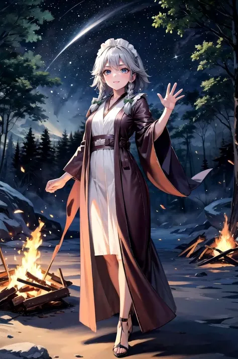 (masterpiece, best quality, detailed), 1girl, solo, looking at viewer, <lora:Sakuya:0.7>, Sakuya, izayoi sakuya, braid, twin braids, grey hair, short hair, bow, blue eyes, hair bow, green bow, bangs, <lora:JediOutfit:1>, JediOutfit, robe, belt, (campfire), night, nature, night sky, forest, full body, waving, hand up, arm up, walking, light smile