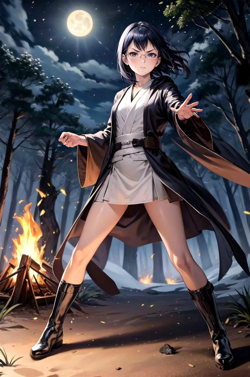 (masterpiece, best quality, detailed), 1girl, solo, looking at viewer, <lora:shimizu_kiyoko_v1:0.7>, aakiyoko, short hair, black eyes, glasses, mole under mouth, <lora:JediOutfit:0.9>, JediOutfit, robe, belt, boots, (campfire), night, nature, night sky, forest, full body, fighting stance, clenched hands, legs apart, serious, v-shaped eyebrows, closed mouth, glaring