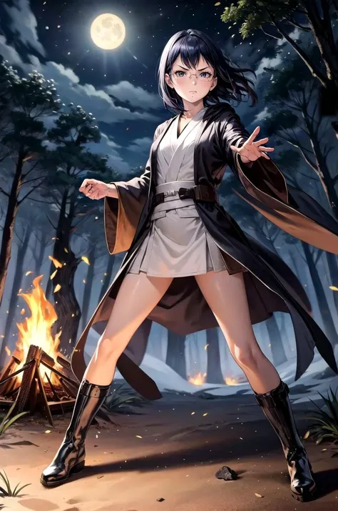 (masterpiece, best quality, detailed), 1girl, solo, looking at viewer, <lora:shimizu_kiyoko_v1:0.7>, aakiyoko, short hair, black eyes, glasses, mole under mouth, <lora:JediOutfit:0.9>, JediOutfit, robe, belt, boots, (campfire), night, nature, night sky, forest, full body, fighting stance, clenched hands, legs apart, serious, v-shaped eyebrows, closed mouth, glaring