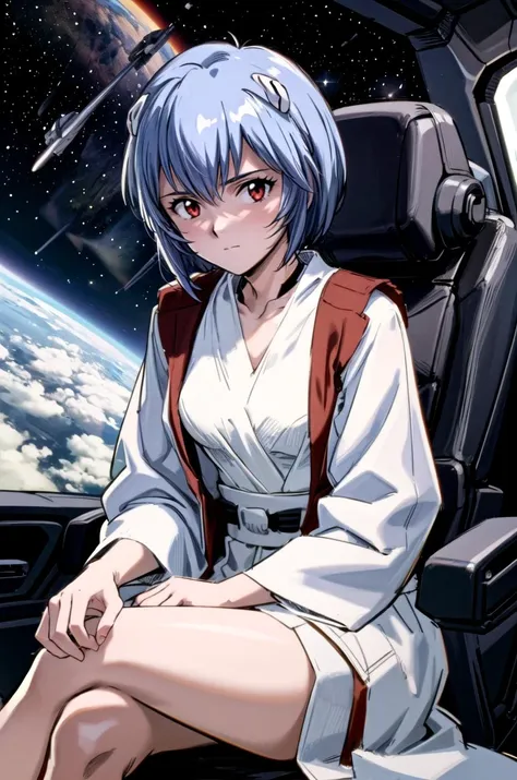 (masterpiece, best quality, detailed), 1girl, solo, looking at viewer, <lora:Ayanami:0.7>, pikkyayanami, blue hair, short hair, bangs, red eyes, small breasts, <lora:JediOutfit:1.1>, JediOutfit, robe, belt, cockpit, spacecraft, science fiction, space, sitting, crossed legs, closed mouth