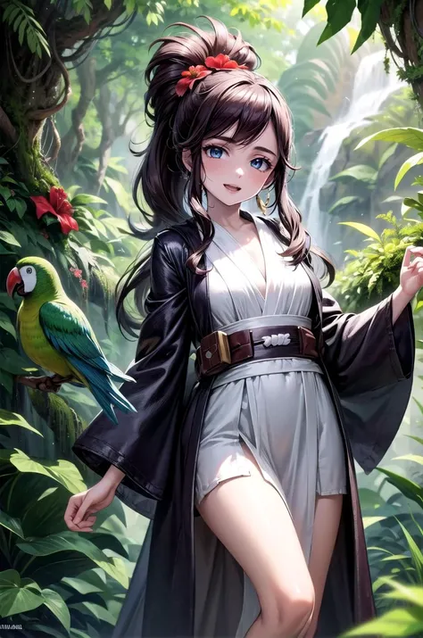 (masterpiece, best quality, detailed), 1girl, solo, looking at viewer, <lora:hilda pokemon by Goofy Ai:1>, hilda pokemon, high ponytail, long hair, blue eyes, <lora:JediOutfit:1>, (JediOutfit, robe), belt, jungle, nature, vines, moss, fern, tropical, dappled sunlight, parrot, hibiscus, red flower, indian style, hands on feet, smile, open mouth
