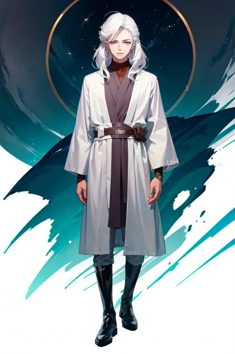 solo, <lora:JediOutfit:0.8> JediOutfit, robe, belt, boots, (medium hair:1.3),, absurdres, ultra detailed, masterpiece, best quality, aesthetic, detailed,, solo, 1boy, teal eyes, <lora:Tsurime3:1>, (tsurime:1.2), parted bangs, white hair, medium hair, straight hair, shoulder-length hair, male focus,