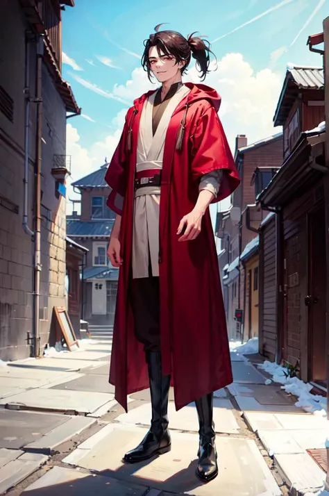 solo, <lora:JediOutfit:0.8> JediOutfit, robe, belt, boots,, absurdres, ultra detailed, masterpiece, best quality, aesthetic, detailed,, solo, smug smile, 1boy, red eyes, <lora:Tsurime3:0.7>, (tsurime:1.2), black hair, undercut, top knot, parted bangs, long bangs, bangs, short hair, hair intakes, tall,