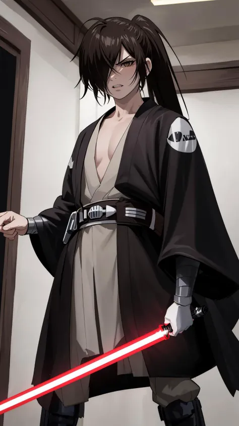 solo, standing in fight stance, looking at viewer, cowboy shot, indoors, dark room, pitch black, angry, <lora:CONCEPT-JediOutfit:0.8> JediOutfit, robe, belt, boots, <lora:hyakkimaru_dororo:0.8> hyakkimaru_dororo, black hair, brown eyes, long hair, ponytail, hair over one eye, (red lightsaber, holding lightsaber)