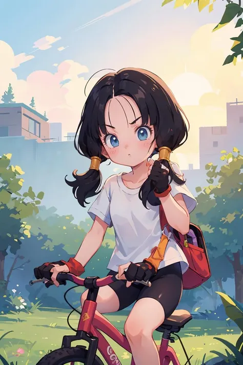 (masterpiece, best quality), 1girl,   <lora:videl:1> videl, shirt, fingerless gloves, bike shorts, white shirt