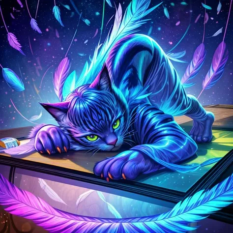 cat on desk streatching, (iridescent feathers:1.5), eating food from can