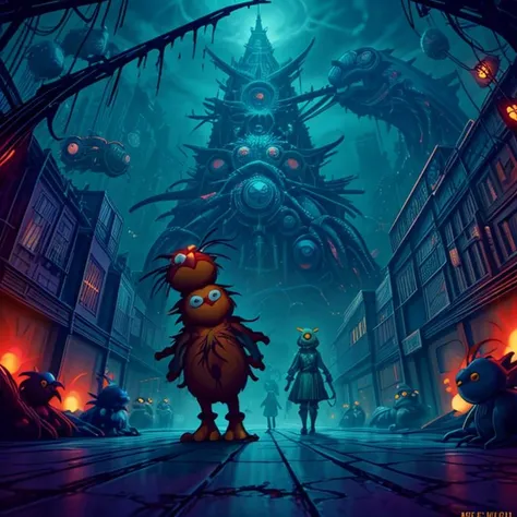 cyberpunk neon, night (parade:1.2), (elmo:1.4), dark alleyway, (muppets:1.1), puppets, eldritch horror, (oozing blood:1.1), skin flaps,( in the style of Hieronymus Bosch:1.2),looming buildings, distorted perspective