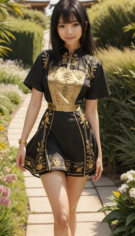 a full body photo of asian girl KM_phuong, (from front), short black hair with bangs, brown eyes, slender body, narrow waist, wide hips, thigh gap, smirking smile, makeup, ((wearing a black summer dress with gold embroidery)), walking in a garden, <lora:breastsizeslideroffset:-0.25>