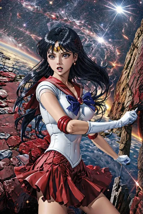 sama1, tiara, transparent sailor senshi uniform, white gloves, red sailor collar, transparent skirt,
medium boobs, cinematic lighting, female focus, looking at viewer, surprised face,
(masterpiece:1.2), (highly detailed:1.2), (intricate:1.2), (best quality:1.2), action stance on granite stone in space, starfield,
<lora:sailor_mars_v1:1> <lora:Edge_World:0.8> eotw_lora <lora:EdobLandscapeAlpha_v1.0:1> EdobLandscapeAlpha