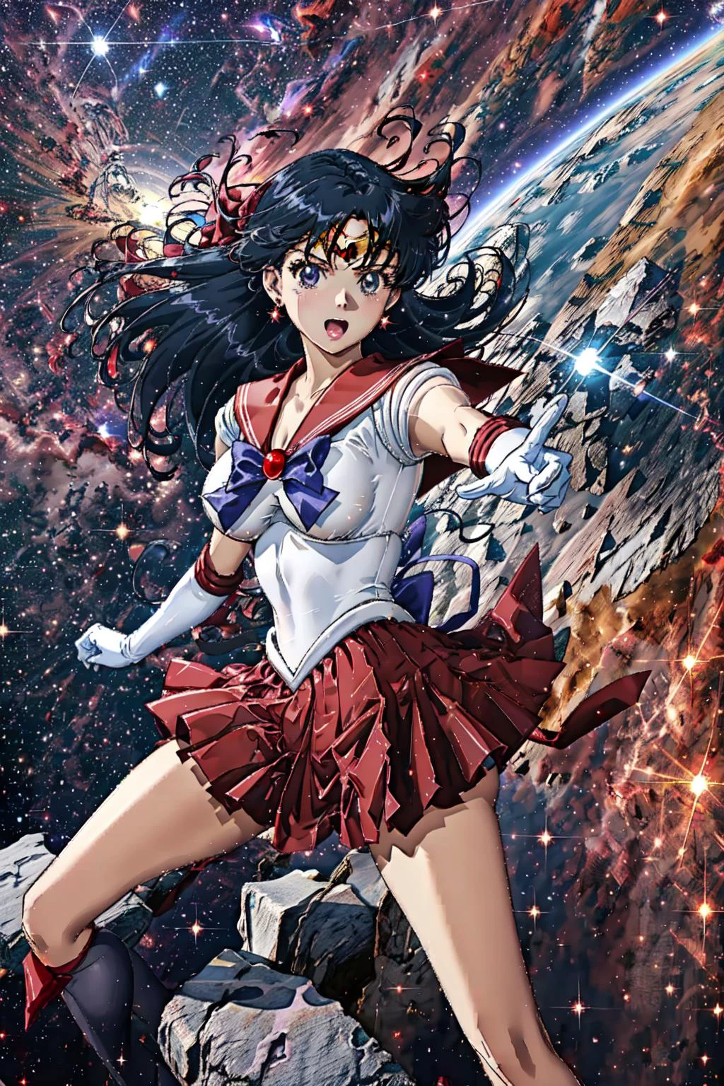 sama1, tiara, transparent sailor senshi uniform, white gloves, red sailor collar, transparent skirt,
medium boobs, cinematic lighting, female focus, looking at viewer, surprised face,
(masterpiece:1.2), (highly detailed:1.2), (intricate:1.2), (best quality:1.2), action stance on granite stone in space, starfield,
<lora:sailor_mars_v1:1> <lora:Edge_World:0.8> eotw_lora <lora:EdobLandscapeAlpha_v1.0:1> EdobLandscapeAlpha