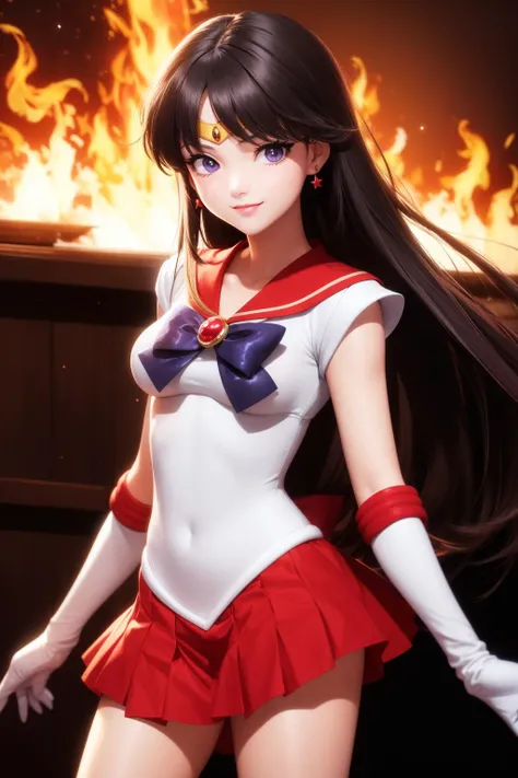 (masterpiece,best quality:1.2),(highres, ultra-detailed:1.1), (solo:1.2), 1girl,
(sama1,beautiful skin:1.1),very long hair, parted bangs,(beautiful slant eyes:1.4),(purple eyes,medium breasts:1.1),elegant face,
(tiara, sailor senshi uniform, white gloves, red sailor collar, red skirt:1.1),
BREAK
at night,starry sky,cowboy shot,flames in background, stylized background,shyly smile,
<lora:sailor_mars_v1:0.7>