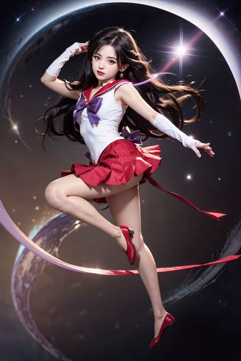 masterpiece, best quality, highres, sama1, tiara, sailor senshi uniform, white gloves, red sailor collar, red skirt, star choker, elbow gloves, pleated skirt, bare legs, purple bow, <lora:sailor_mars_v1:0.7>,