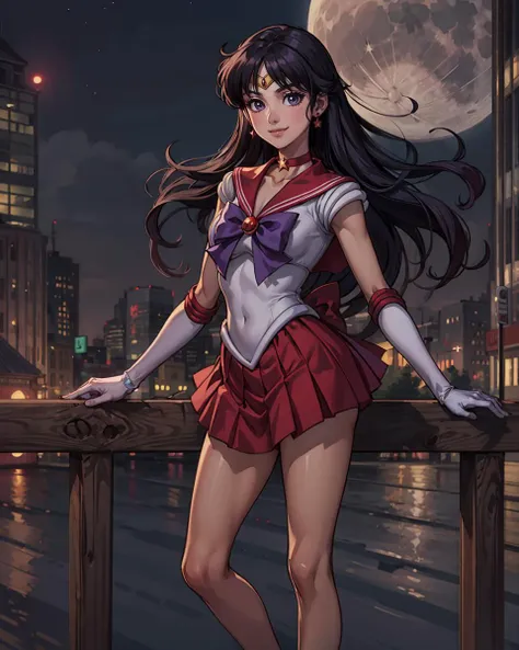 sama1, tiara, skirt, sailor senshi uniform, white gloves, red sailor collar, red skirt, star choker, elbow gloves, pleated skirt, bare legs, collarbone, purple bow, <lora:sailor_mars_v1:0.7>, standing, smile, moon, city, <lora:add_detail:0.25>, masterpiece, best quality, perfect composition,