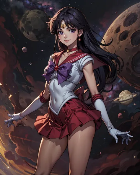 highres, sama1, tiara, sailor senshi uniform, white gloves, red sailor collar, red skirt, star choker, elbow gloves, pleated skirt, bare legs, purple bow, <lora:sailor_mars_v1:0.7>, standing, space, star \(sky\), moon, planet, nebula, cowboy shot, smile, <lora:add_detail:0.25>