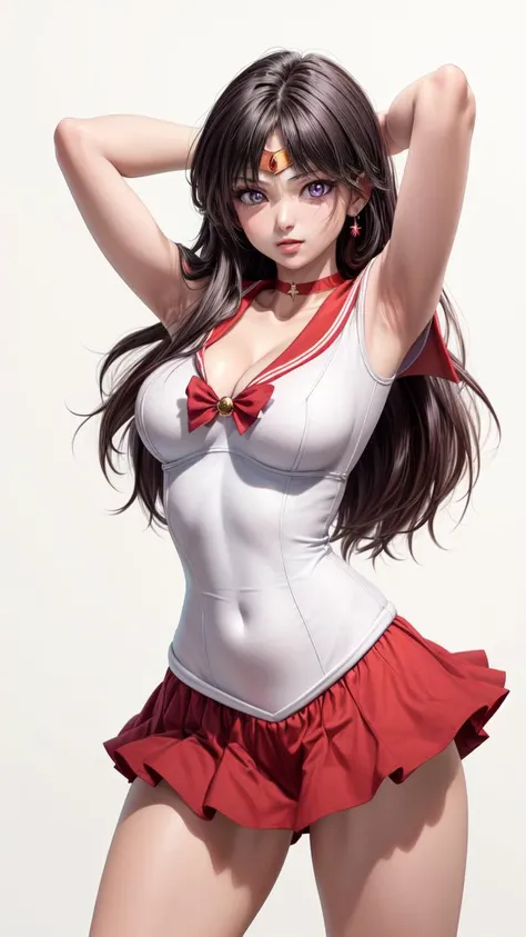 (1girl, solo, masterpiece, 4k,  best quality:1.2, ((cowboy shot)), best quality:1.2, NICE HANDS, COLORFUL, (perfect hands, perfect anatomy)), sama1, ((tiara)), sailor senshi uniform, white gloves, ((red sailor collar)), red skirt, ((medium breasts, (big hips), cleavage, looking at the viewer, tight clothes)), ((arms up, hands behind head))pe, 
((simple background, white background))