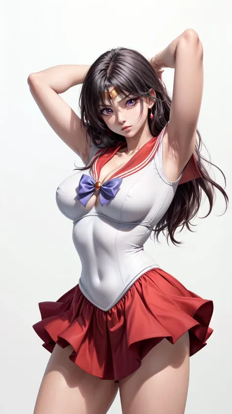 (1girl, solo, masterpiece, 4k, best quality:1.2, ((cowboy shot)), best quality:1.2, NICE HANDS, COLORFUL, (perfect hands, perfect anatomy)), sama1, ((tiara)), sailor senshi uniform, white gloves, ((red sailor collar)), red skirt, ((medium breasts, (big hips), cleavage, looking at the viewer, tight clothes)), ((arms up, hands behind head))pe,
((simple background, white background))